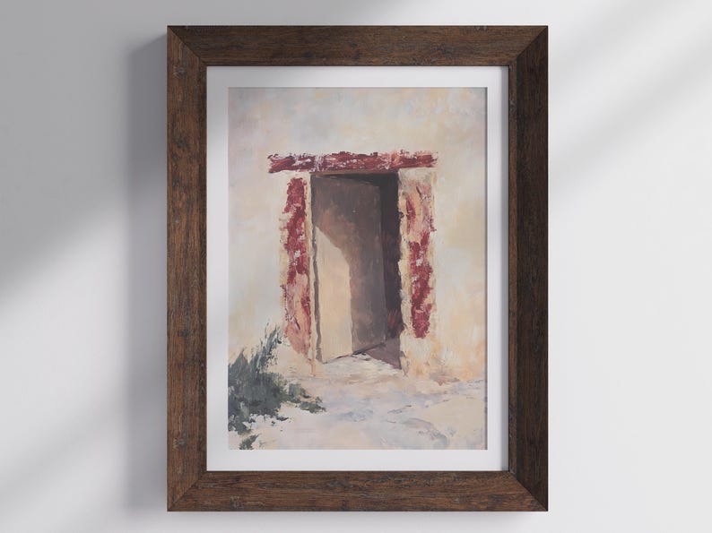Pode incluir: Uma pintura emoldurada de uma porta com uma moldura vermelha e branca. A porta est&aacute; aberta e o interior do edif&iacute;cio &eacute; vis&iacute;vel. A pintura &eacute; feita em um estilo realista com foco na luz e na sombra.