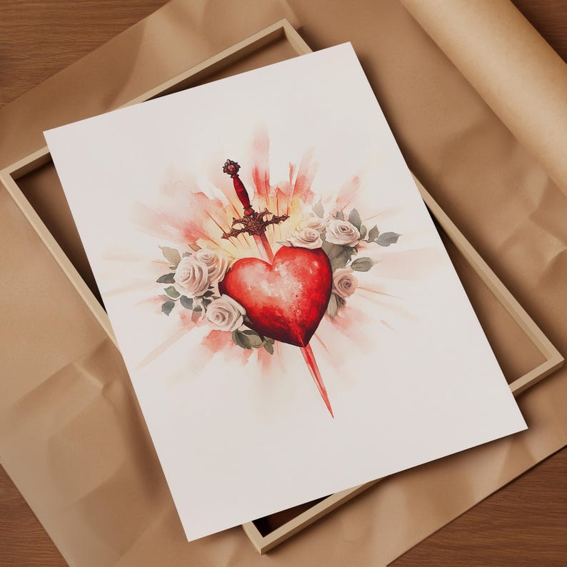 Pode incluir: Uma pintura em aquarela de um cora&ccedil;&atilde;o vermelho atravessado por uma espada, rodeado de rosas brancas e um brilho radiante.
