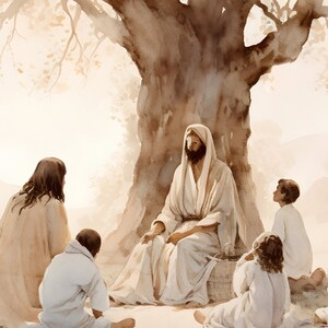May include: A watercolor painting of Jesus sitting under a tree with four children listening to him speak. The children are dressed in white robes and are sitting in a circle around Jesus. The painting is done in soft, muted colors and has a peaceful and serene atmosphere.
