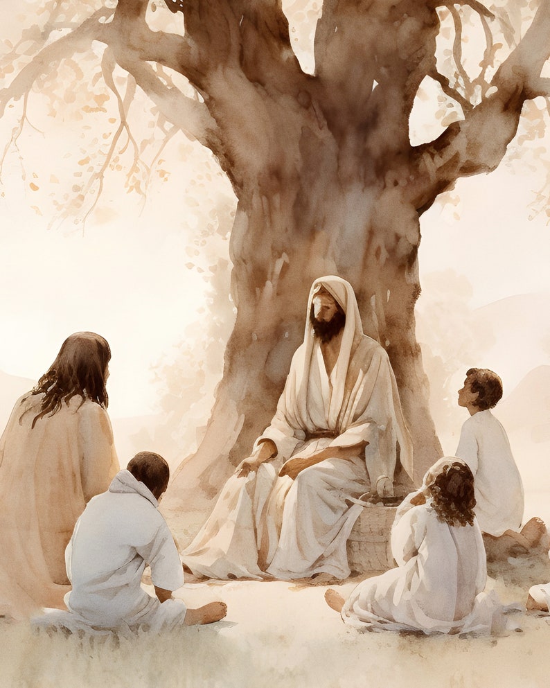 May include: A watercolor painting of Jesus sitting under a tree with four children listening to him speak. The children are dressed in white robes and are sitting in a circle around Jesus. The painting is done in soft, muted colors and has a peaceful and serene atmosphere.