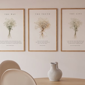 Christian Floral Set of 3, The Way, The Truth, The Life, Bible Verse Wall Print, Botanical Scripture, Christian Wall Art, Minimal Home Decor