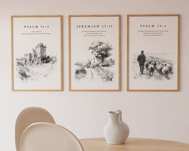 Bible Verse Art Print Set, Black and White Christian Wall Decor ...
