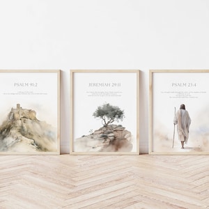 Set of 3 Bible Verse, Psalm 23 4, Jeremiah 29 11, Psalm 91 2, Jesus painting, Print, Jesus portrait, Jesus wall art, Inspirational quotes