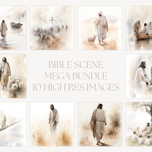 10 Jesus Watercolour Mega Bundle, Jesus Art Prints, Jesus Walking on Water, Daniel Lions Den, Jesus with child, Bible Wall Art, Bible Verse