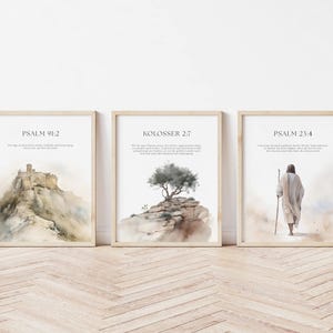 Conjunto de 3 versículos bíblicos (versión alemana): Salmo 23:4, Jeremías 29:11, Salmo 91:2, pintura de Jesús, retrato de Jesús, arte mural de Jesús, inspirador.