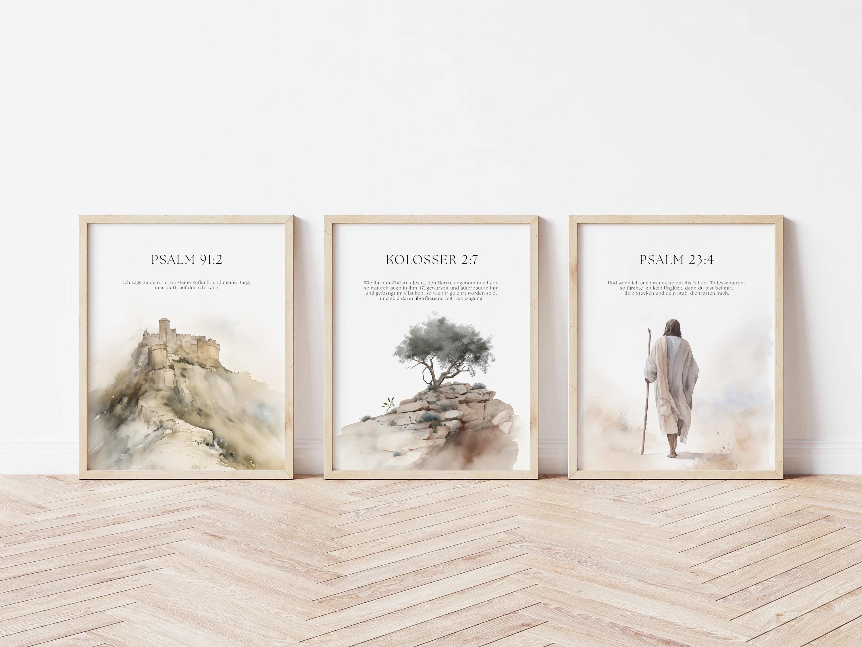 Set van 3 bijbelvers Duitse versie, Psalm 23 4, Jeremia 29 11, Psalm 91 2, Jezus schilderij, portret van Jezus, Jezus kunst aan de muur, Jezus kunst aan de muur, inspirerend