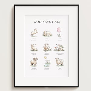 God zegt dat ik ben, schapen kunst aan de muur, lam, bijbelse affirmaties, christelijk kinderdagverblijf, digitale download, schrift, bijbelverzen