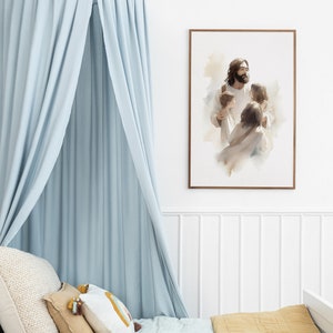 May include: A light blue canopy bed with a white and brown patterned quilt and pillows. A framed watercolor painting of Jesus holding children is on the wall behind the bed.