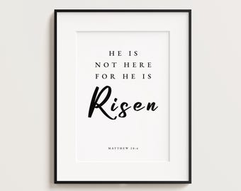 Lámina «Él ha resucitado», Mateo 28:6, lámina de arte mural con versículo bíblico de Pascua, Pascua cristiana, arte mural cristiano, arte mural con versículo bíblico, Resurrección