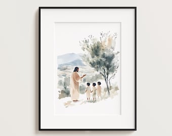 Jesus ensinando uma criança, retrato de Jesus, pintura de Jesus, impressão de Jesus, arte de Jesus, arte de parede de Jesus, Jesus branco, aquarela de Jesus, decoração para casa