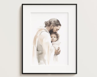 Black Jesus Holding Child Watercolor Portrait Art Print (Digital Download)