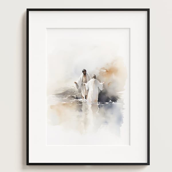 Jesus Baptism by John, Digital Print Download, Watercolour Wall Art, Jesus Printable Wall Art, Bible Christian Gift, Boho Art, Jesus Art