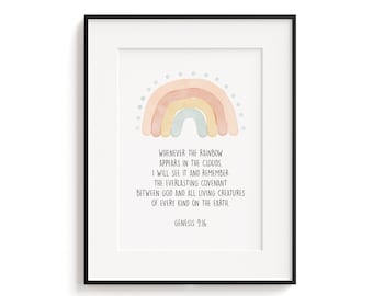 Versículo bíblico del Génesis del Arcoíris, Versículo bíblico para niños, Versículo bíblico para niños, Habitación infantil, Decoración de sala de juegos, Guardería, Escritura