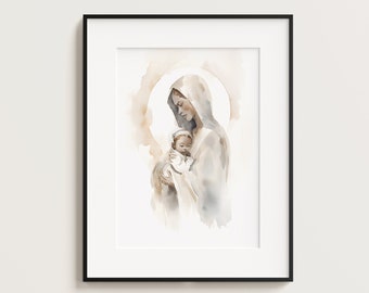 The Virgin Mary and Baby Jesus, Virgin Mary Art, Catholic Art, Catholic Mom Gift, Catholic gift, Wall printable Art, Christian Art