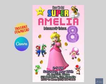Princess Peach Invitation Super Mario Princess Birthday Invite Instant Download Peach Party Invitation Canva Template Mario Kart Invite