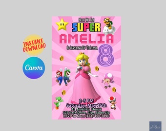 Princess Peach Invitation Super Mario Princess Birthday Invite Instant Download Peach Party Invitation Canva Template Mario Kart Invite