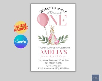 Some Bunny Is One Birthday Invitation, 1st Birthday Invite, Girl Birthday Invitation Template First Birthday Invitation, Digital Download