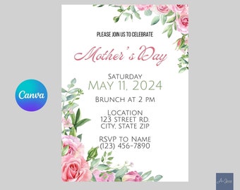 Mother's Day Invitation Brunch Tea Party Invite Modern Blush Pink Floral Flower Bloom Spring Mother's Day Download Editable Printable Evite