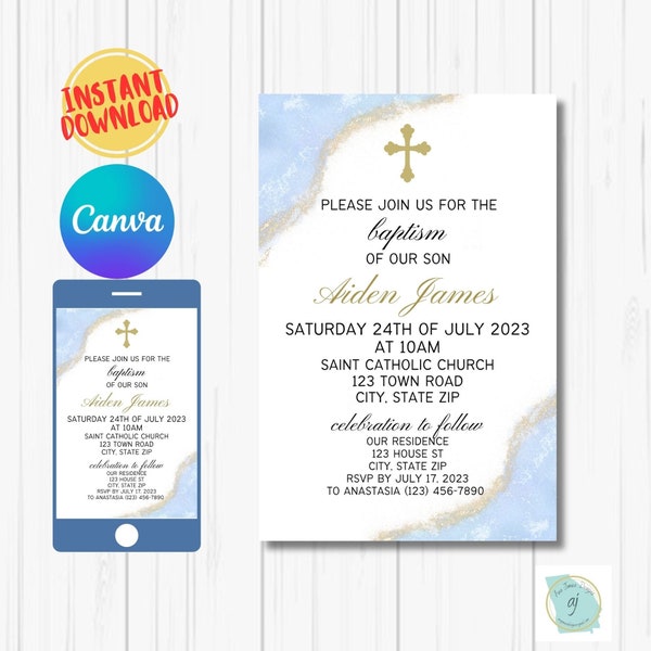 Modern Christening Invitation, Boy Baptism Invitation Template, Blue Christening Invite Template, Blue Watercolor Boys Blue Gold Evite