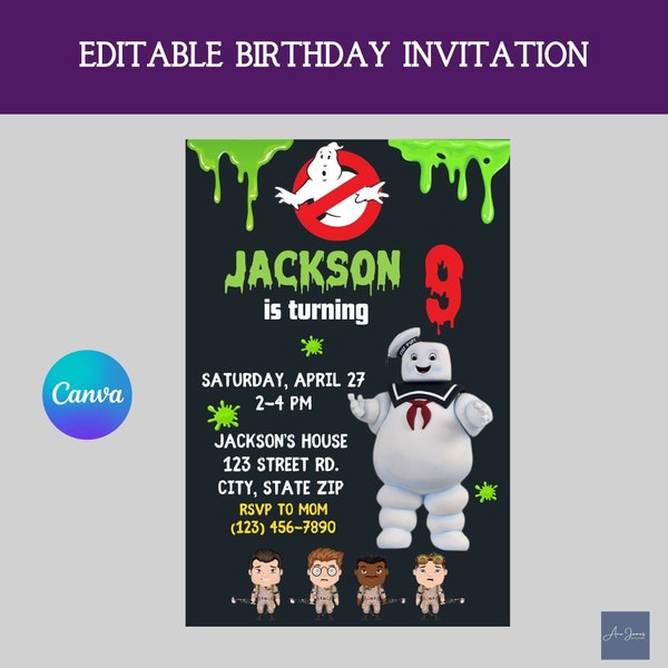 Ghostbusters Birthday Invitation, Ectomobile, Slimer, Boys Birthday, Printable Birthday Invitation Decor, Editable Invite, Electronic Invite