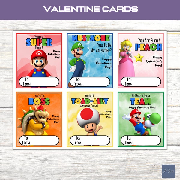 Kids Valentine | MARIO KART Valentine Cards | Valentine Day Cards | Video Game Cards | Super Mario Cards | Kids Valentines Tags To and From