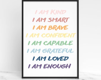 Affirmation pour les enfants, Rainbow Affirmations Print, I Am Kind Smart Loved, Inspirational Nursery Decor, Printable Wall Art, Téléchargement numérique