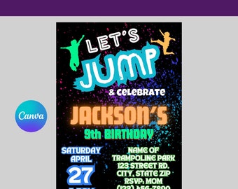 Boys Jump Party Invitation, Neon Glow Jump & Celebrate Trampoline Park Birthday Invite Editable Template, Blue Green Orange