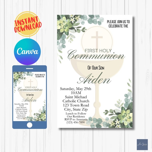 First Communion Invitation, 1st Holy Communion Invitation Template, Printable 1st Communion Invite, Editable Card, Editable Invite