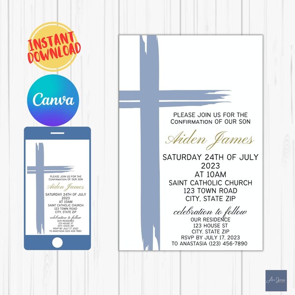 Modern Confirmation Invitation, Boy Confirmation Invitation Template, Blue Confirmation Invite Template,Blue Watercolor Boy Blue Gold Evite