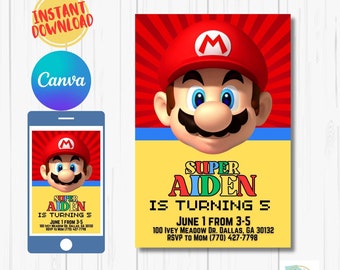 Faire-part de Mario pour garçon ou fille, carte d'anniversaire modifiable de Mario Invite, invitation de fête d'anniversaire de Mario fête d'anniversaire de Super Bros Mario
