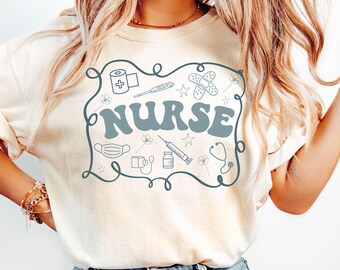 Comfort Color® Nurse tee, Nurse shirt, Nurse logo shirt, Floral Nurse tee, line drawing nurse shirt, nurse appreciation gift, gift for nurse