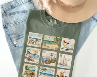Vintage postcard Shirt, beach shirt, Beach vacation Shirt, cocktail Tee, Vintage stamp shirt, Mom Gift Shirt, sailboat shirt, lighthouse tee