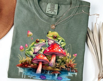 Comfort Color frog mushroom tshirt, floral Nature shirt, mushroom shirt, goblincore tee, cottagecore aesthetic, fairycore tee, forest tshirt