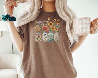 Comfort Colors® Floral tee, Floral T-shirt, Vintage bottle shirt, vintage floral tshirt, cottagecore tshirt, Sunflower tee, womens oversized