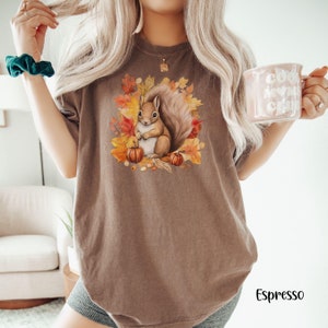 May include: A brown t-shirt with a graphic of a squirrel sitting amongst autumn leaves and pumpkins. The squirrel is brown with a bushy tail. The leaves are red, orange, and yellow. The pumpkins are orange.