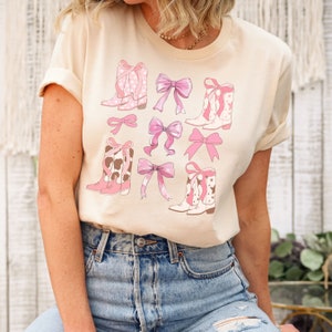 Coquette pink bow western cowgirl boots shirt, Coquette western tee, Coquette Aesthetic shirt, coquette clothing,Cottage Core, pink bow tee