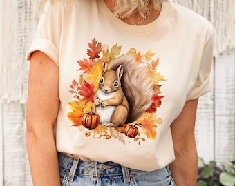 Fall Squirrel Shirts, Squirrel Shirts, Fall leaves Shirts, Cute womens fall shirt, Autumn shirts, Fall animal shirts, squirrel lover shirts