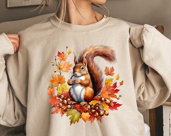 Fall Squirrel Sweatshirt, Squirrel Sweater, Autumn squirrel nut leaves graphic, Trendy animal sweatshirt, Fall sweatshirt, Fall animal lover