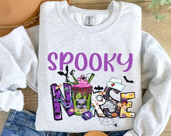 Spooky Nurse Halloween sweatshirts, Nurse Fall sweater, skeleton, halloween bats crewneck, Autumn Nurses sweatshirts, Skeleton Nurse sweater