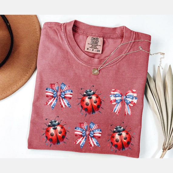 Comfort Color® Ladybug tshirt, Patriotic bow shirt, patriotic ladybug tee, patriotic coquette bow shirt, 4th of july shirt, Summer vibes tee