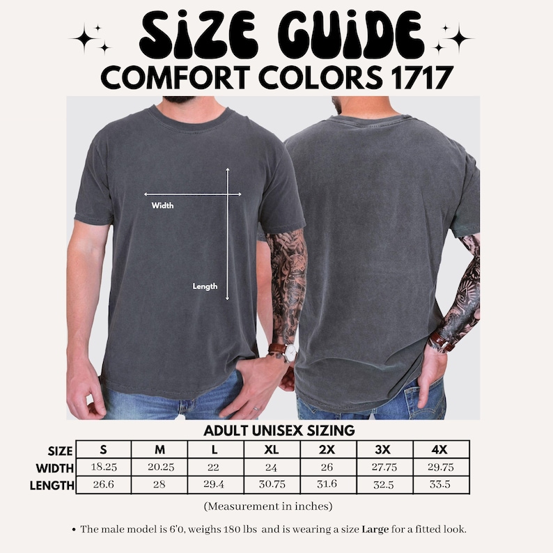 May include: Size guide for Comfort Colors 1717 t-shirts. The image shows a gray t-shirt with measurements in inches. The width ranges from 46.36 cm to 75.57 cm, and the length ranges from 67.56 cm to 85.09 cm. Adult unisex sizing is provided.