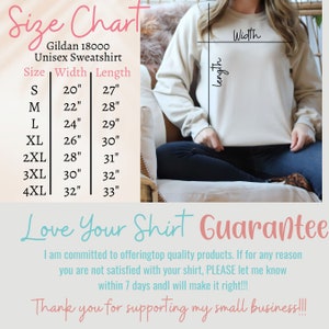 May include: Size chart for a Gildan 18000 unisex sweatshirt. The chart shows the width and length in inches for sizes S through 4XL.