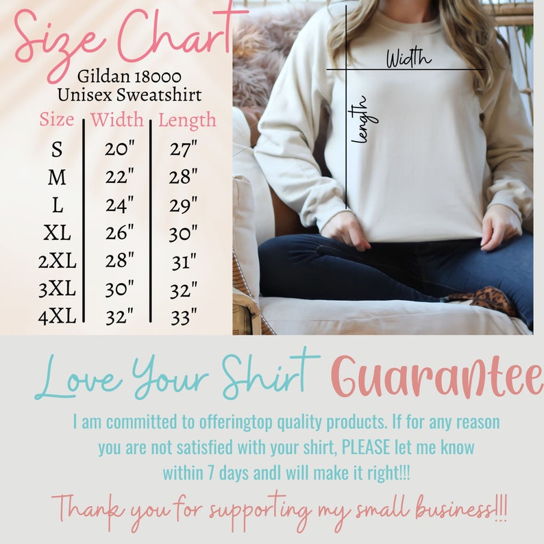 May include: Size chart for a Gildan 18000 unisex sweatshirt. The chart shows the width and length in inches for sizes S through 4XL.