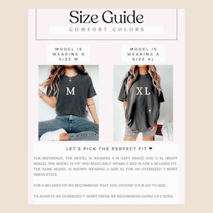 May include: Size guide for a t-shirt dress with two models wearing the same style shirt in different sizes. The model on the left is wearing a size M and the model on the right is wearing a size XL. The text reads "Let's pick the perfect fit" and provides sizing recommendations for a relaxed fit and an oversized fit.