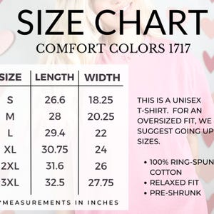 May include: Size chart for a unisex t-shirt with measurements in inches. The chart shows the length and width of the shirt in sizes S, M, L, XL, 2XL, and 3XL. The text states that the shirt is 100% ring-spun cotton, has a relaxed fit, and is pre-shrunk.
