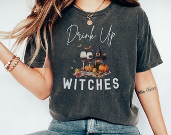 Comfort Colors® Retro Halloween Shirt, Drink up Witches, Wine drinker tee, Vintage Ghost Halloween Shirt, Fall drinking tee, Fall girls trip