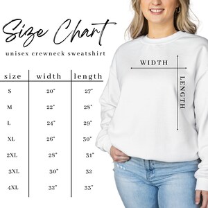 May include: Size chart for a unisex crewneck sweatshirt. The chart shows the width and length measurements in inches for sizes S through 4XL.