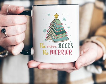 Reading mug, christmas book mug,xmas stacked book mug, funny book mug, funny saying more books merrier mug,11 oz book mug, 15oz two tone mug