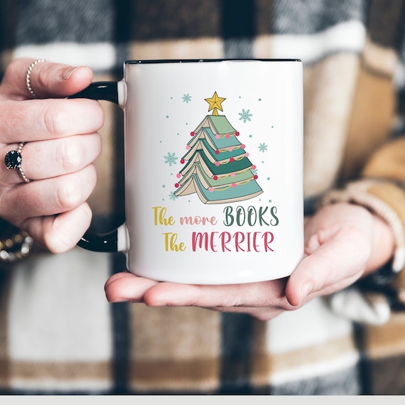 Reading mug, christmas book mug,xmas stacked book mug, funny book mug, funny saying more books merrier mug,11 oz book mug, 15oz two tone mug