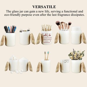 May include: A collection of white ceramic jars with wooden lids, each filled with different items like pens, makeup brushes, and flowers. The jars are arranged on a light beige surface, showcasing their versatility for storage and organization.